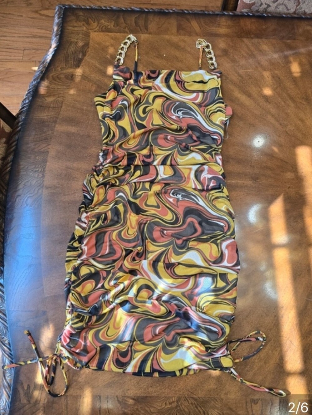 Y2K Swirl Print Cowl Neck Chain Strap Mini Dress Girls Night Out - Picture 7 of 7